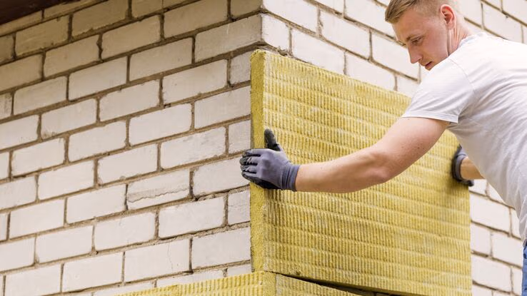 Bauarbeiter, der eine Hausfassade mit Mineralwolle isoliert.