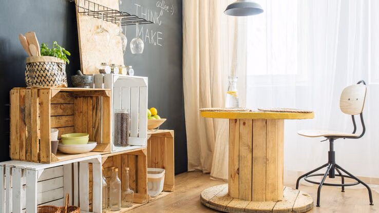 Das Foto zeigt ein Zimmer, welches mit Upcycling-Möbel eingerichtet wurde. Es stehen Holzkisten an der Wand, die als Regal agieren.