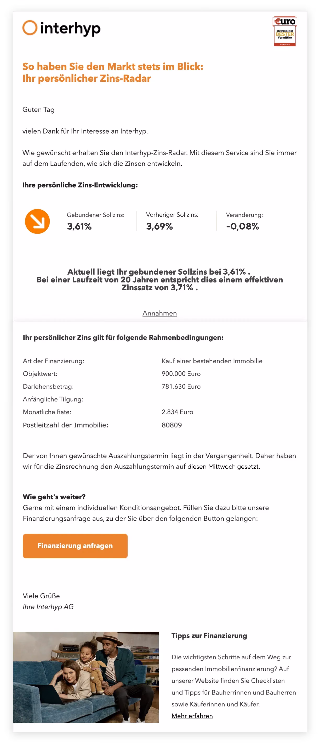 Beispielansicht einer Zins-Radar-E-Mail mit aktueller Zinsentwicklung, persönlichen Finanzierungsdaten und Finanzierungsempfehlungen.