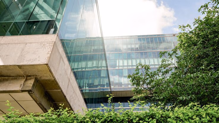 Das Foto zeigt ein Glashaus, möglicherweise ein Bürogebäude. Das Foto wurde von der Straße aufgenommen und dementsprechend wurde nach oben fotografiert. Es ist außerdem eine Häcke und ein Baum zu sehen.