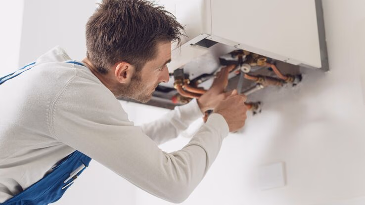 Ein Handwerker steht am Heizungsboiler und arbeitet mit einem Werkzeug an dessen Unterseite.