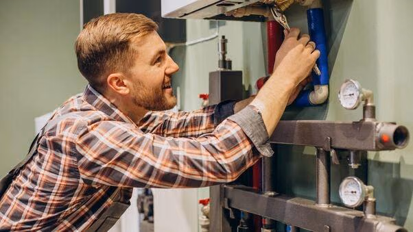 Ein Handwerker schraubt an einem Boiler für die Heizung herum.