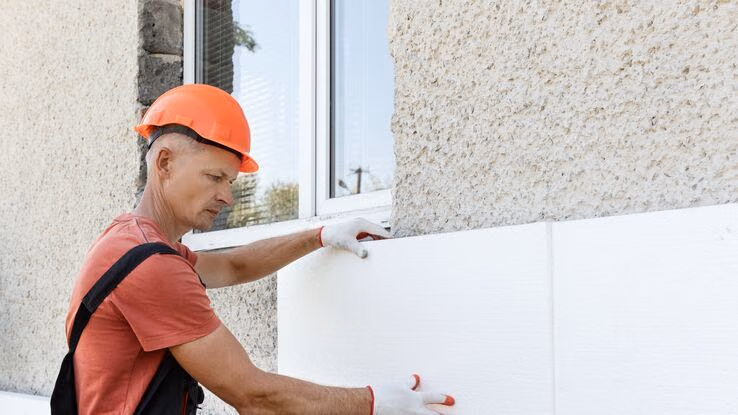 Ein Handwerker modernisiert die Hausdämmung, indem er neue Dämmplatten an der Hauswand anbringt. Er trägt einen Helm Handschuhe und eine Latzhose.