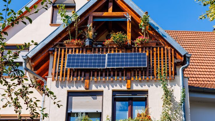 Abgebildet ist ein Balkonkraftwerk mit einer Solarbatterie, die an der Balkonwand eines älteren Wohnhauses montiert ist.