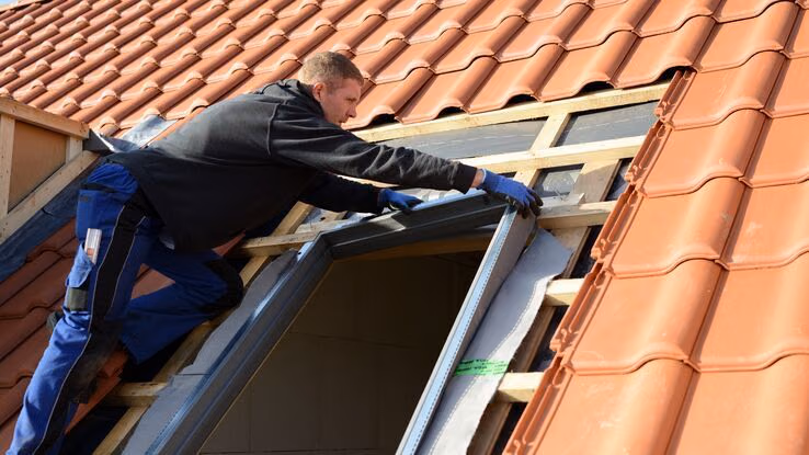 Das Foto zeigt einen Handwerker der ein Dachfenster renoviert. Er ist auf dem Dach eines Hauses mit roten Ziegel.