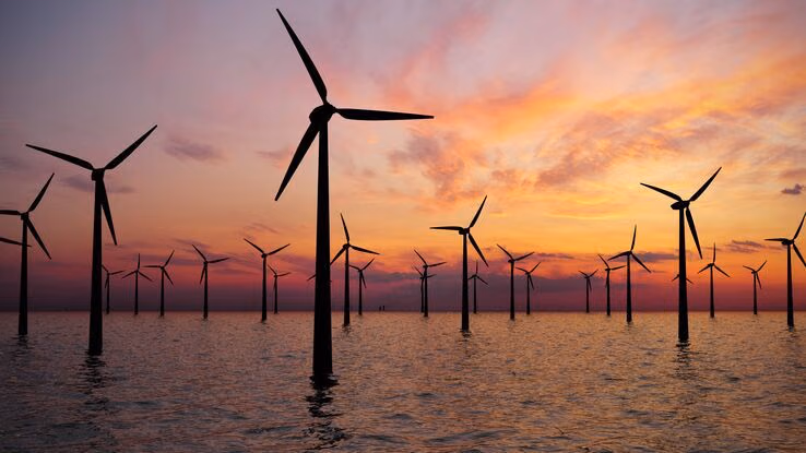 Es stehen viele Windräder im Meer bei Sonnenuntergang.