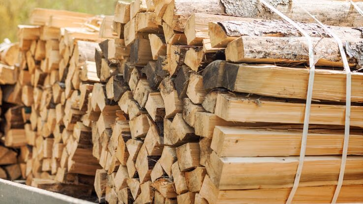 Das Foto zeigt zwei Stapel Holz. Das Holz wurde in Scheite gespalten und aufeinander gestapelt. Es wird vermutlich als Brennholz verwendet.