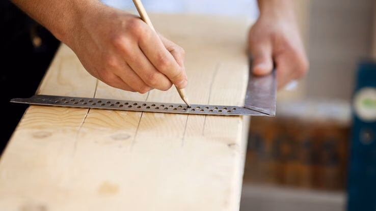 Die Bretter werden für eine Holzdeckenmodernisierung zurecht geschnitten.
