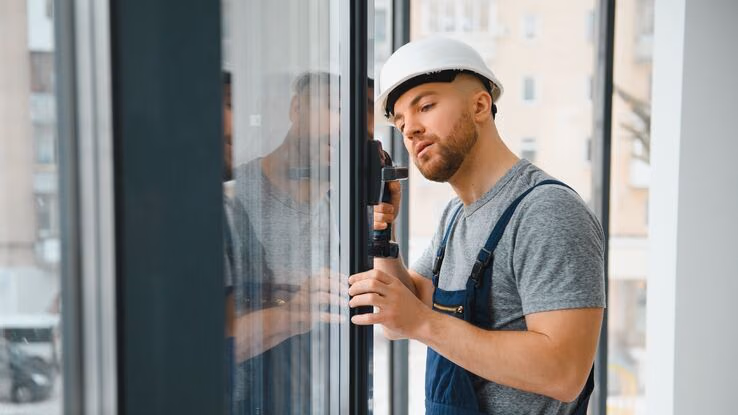 Der Fensterrahmen wird für eine effiziente Abdichtung von einem Handwerker vorbereitet.