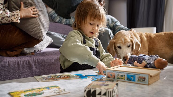 Das Foto zeigt ein kleines Kind beim Spielen. Es ist gerade beim Puzzeln und neben ihm liegt ein Hund.