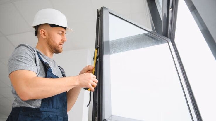 Das Foto zeigt einen Handwerker, der ein neues Fenster einbaut. Er trägt einen weißen Helm und einen Blaumann. Das Fenster hat einen schwarzen Rahmen und wirkt modern.
