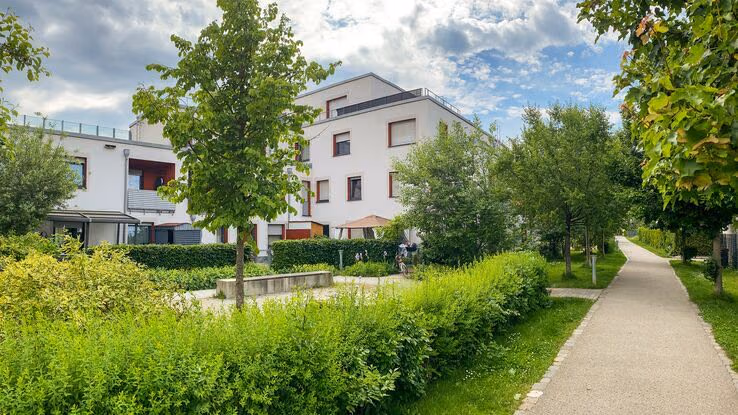 Die Umgebung einer Eigentumswohnung: Eine grüne Anlage.