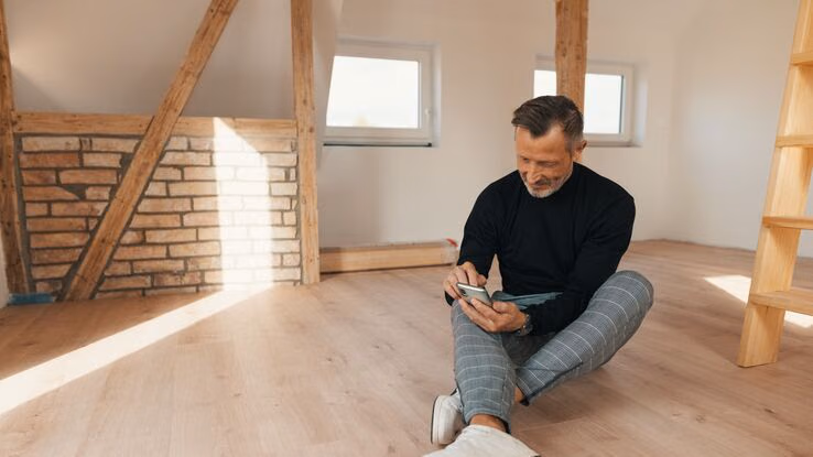 Ein Mann sitzt auf dem Boden und recherchiert etwas an seinem Smartphone.