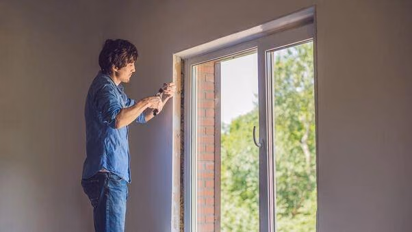 Ein Mann modernisiert seine Fenster. Er steht auf einer Erhöhung vor dem Fenster und schneidet mit einer Zange ein Teil zurecht.