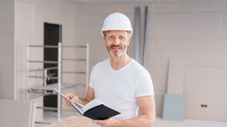 Ein Handwerker plant die Arbeiten für die Fenstermodernisierung. Er steht mit einem Buch in der Hand und einem Helm auf dem Kopf in einem fast leeren Raum und lächelt den Betrachter an. Im Hintergrund ist ein Baugerüst und Metallstreben zu sehen.