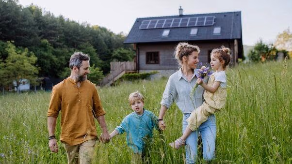 Eine Familie geht Hand in Hand spazieren. Im Hintergrund ist ihr nachhaltiges Haus aus Holz zu sehen.