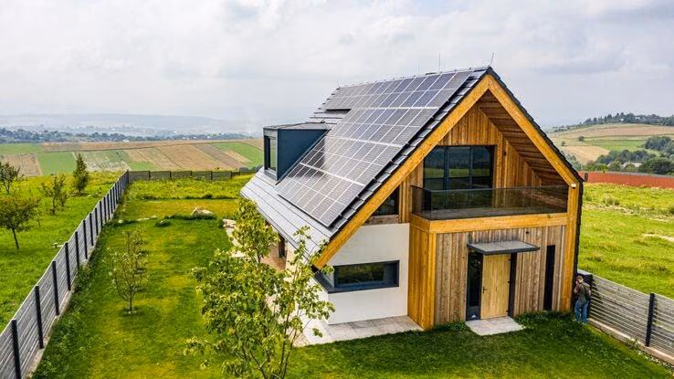 Ein Niedrigenergiehaus steht auf einer Wiese umgeben von Feldern.