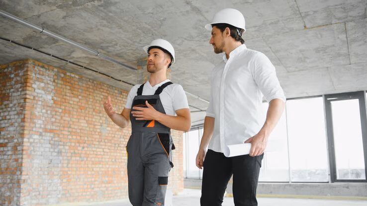Ein Handwerker und eine weitere Person stehen in einem Rohbau und sprechen miteinander. Im Hintergrund sind eine unverputzte Ziegelwand und große Fenster zu sehen.