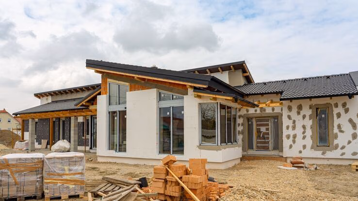 Ein modernes Wohnhaus befindet sich im Rohbau. Die Baustelle zeigt teils verputzte Wände, große Fenster und verstreute Baumaterialien.