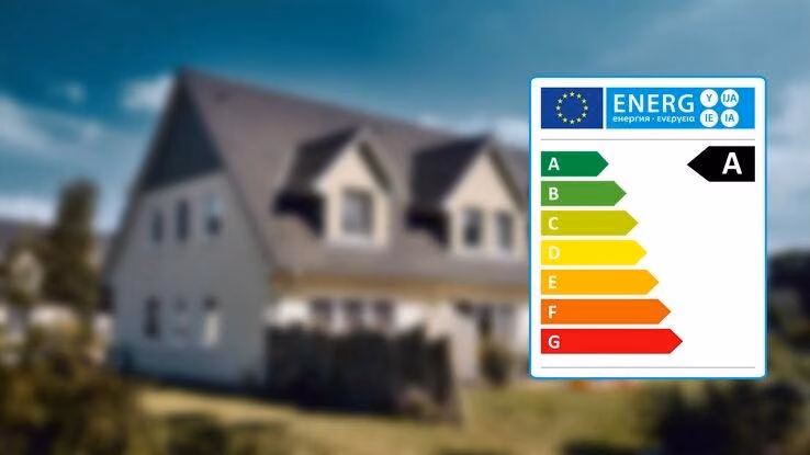 Im Vordergrund sieht man das Energieeffizienzlabel und im Hintergrund ein Einfamilienhaus.