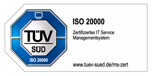 ISO-20000-Zertifizierung von TÜV SÜD für IT-Service-Management.