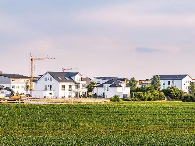 Viele weiße Häuser mit grauem Dach und dazwischen einige Kräne.