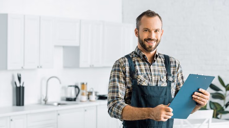 Ein junger Handwerker mit Bart und kurzem Haar steht lächelnd in einem Innenraum. Er trägt Arbeitskleidung und hält ein blaues Klemmbrett.