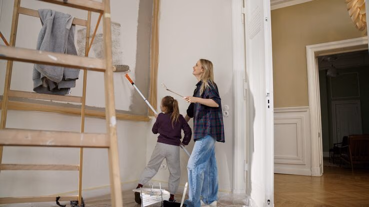 Frau und Kind renovieren die Wohnung. Die beiden streichen eine weiße Wand in grau.