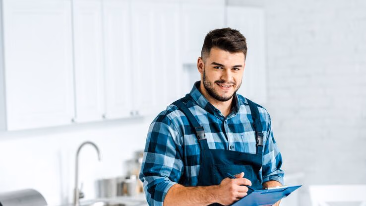 Ein Handwerker prüft die Checkliste der Modernisierungsmaßnahmen.