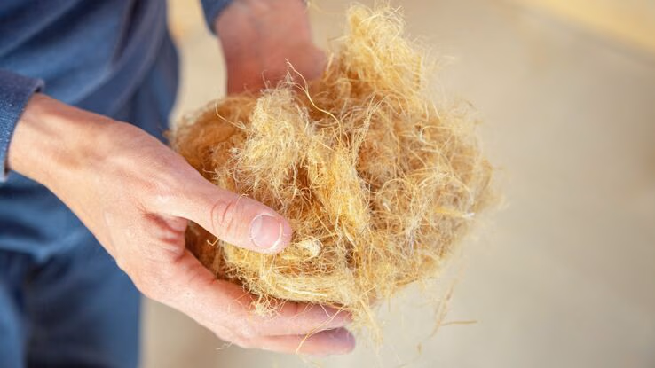 Komprimierte wärmedämmende Hanffaser-Verbundplatten liegen in einer Hand.