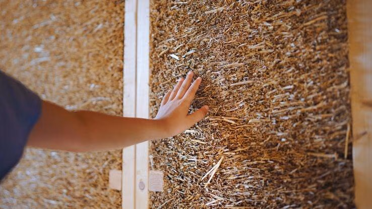 Eine Hand streicht über eine Strohwand, die beim Hausbau verwendet wurde.