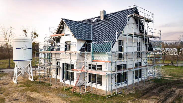Es ist ein Massivhaus im Bauprozess abgebildet.