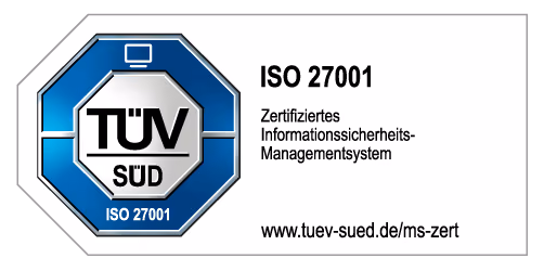 ISO-27001-Zertifizierung von TÜV SÜD für Informationssicherheitsmanagement.