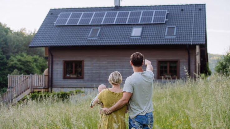 Das Foto zeigt eine junge Familie, die in einem Feld vor einem Haus stehen. Die Mutter trägt ein Baby in ihrem Arm und der Vater zeigt mit seiner Hand auf das Haus.