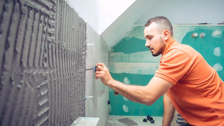 Ein junger Handwerker saniert das Badezimmer und verlegt gerade neue Fliesen.