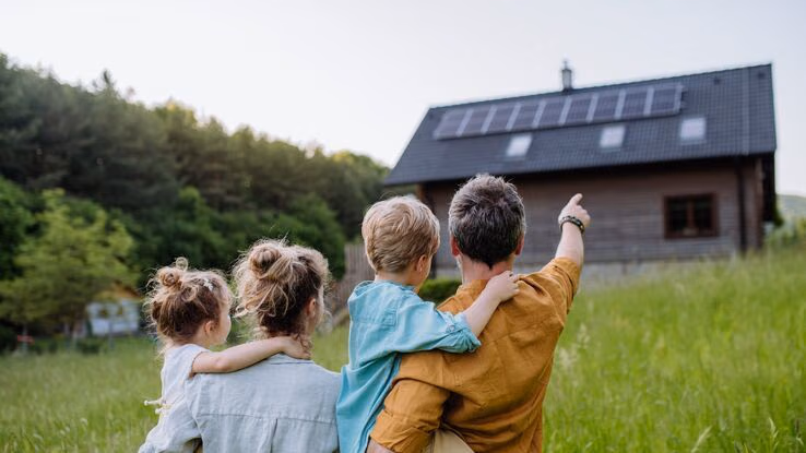 Man sieht eine Familie mit zwei kleinen Kindern im Arm im Grünen stehen, während sie auf ihr Haus blicken. Der Vater zeigt mit dem Zeigefinger auf das Eigenheim.