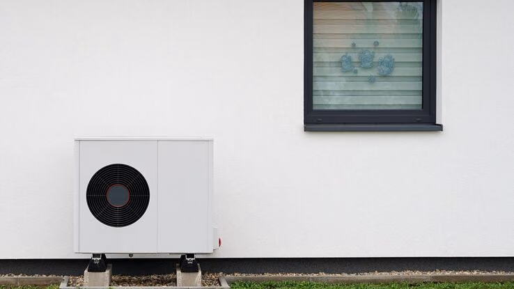 Auf dem Bild ist eine Wärmepumpe zu sehen, die bodennah an der Außenfassade eines Gebäudes installiert ist.