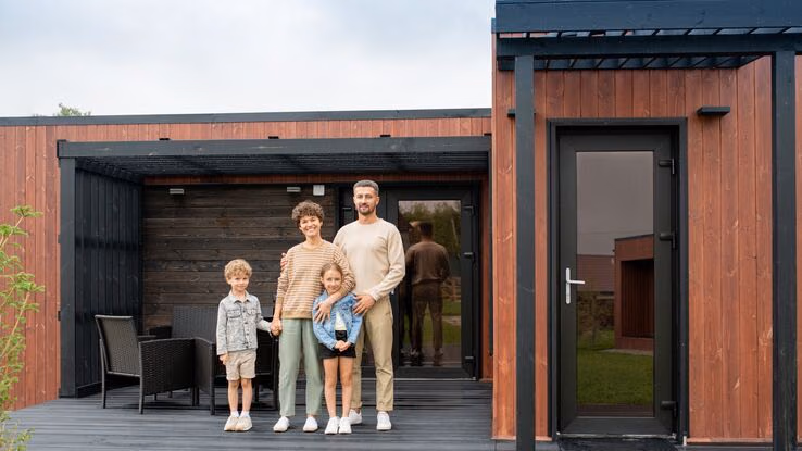 Eine Familie steht auf der Terrasse ihres Tiny Houses.
